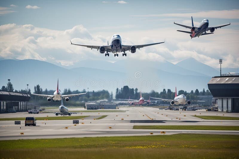 aeropuerto con aviones despegando y aterrizando