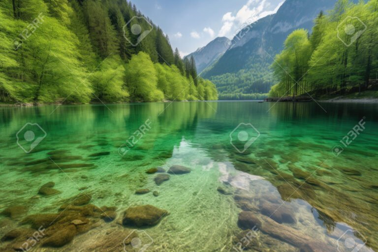lago cristalino rodeado de montanas verdes