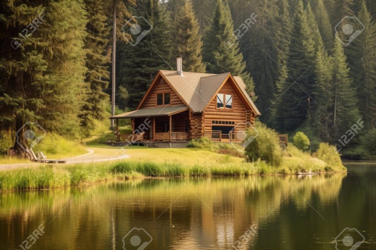 lago tranquilo con cabanas de madera