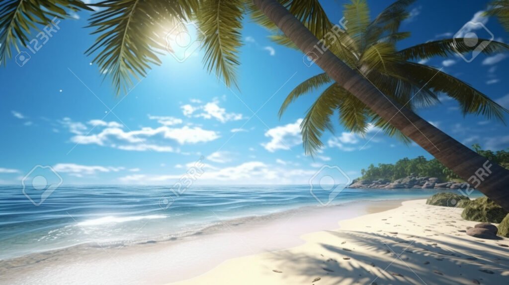 playa soleada con arena y palmeras